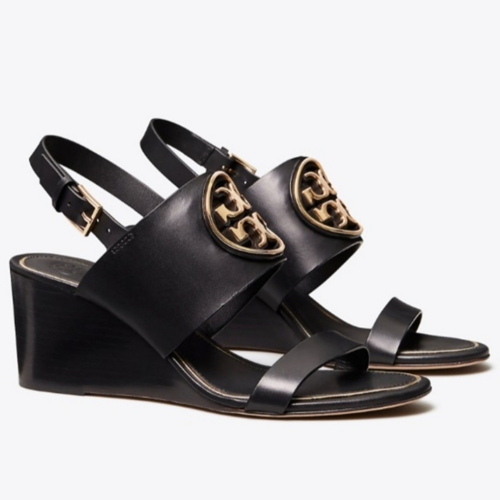 Tory Burch Black Leather Wedge Sandals with Gold Logo